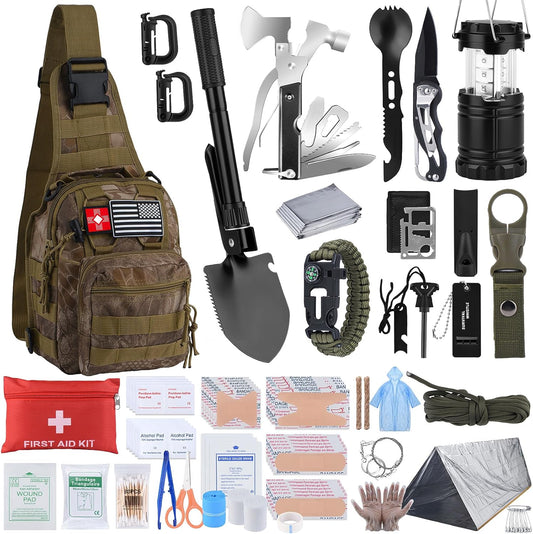 Survival Kit, Gifts for Christmas Men, Women, 251pcs Emergency Survival Gear and Supplies Equipment, First Aid Kit with Crossbody Bag, Camping Essentials for Earthquake, Hiking, Outdoor Adventure