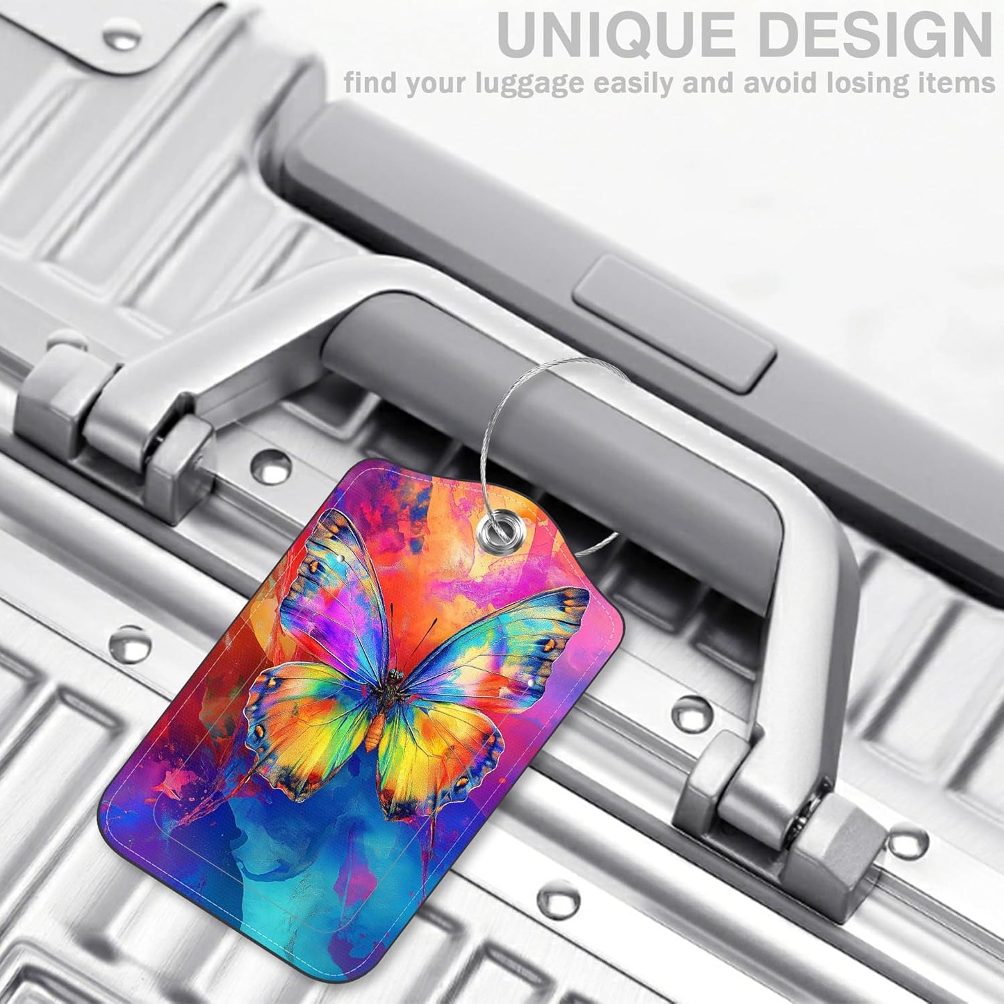 2 Pack Luggage Tags for Suitcases Colorful Butterfly Leather Luggage Tags Privacy Cover ID Label with Stainless Steel Loop and Address Card for Women Men Travel Bag Backpack