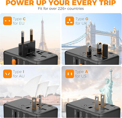 TESSAN Universal Travel Adapter, GaN 65W International Plug Adaptor with 4 USB(2 USB C) Charging Ports, Worldwide Power Outlet for US to European EU UK AUS Ireland(Type C/G/A/I)