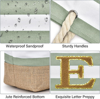 Becokan Beach Bag Initial Beach Tote with Makeup Bag for Travel Work Storage Personalized Birthday Gifts for Women Her