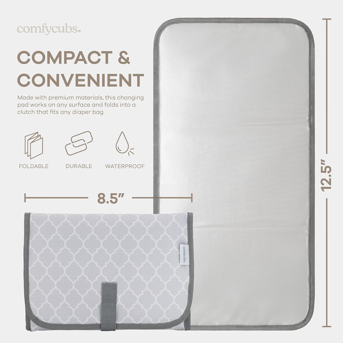Comfy Cubs Baby Changing Pad Compact Size - Waterproof Diaper Changing Mat with Cushioned Pillow - Soft & Lightweight, Foldable Design for Travel - Stylish Design for Boys and Girls - Grey Pattern