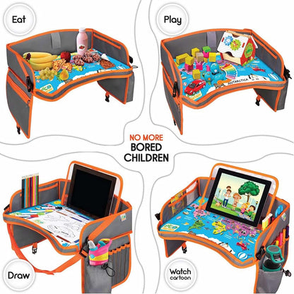 Kids Travel Tray - Waterproof Car Table with No-Drop Large Tablet Holder - Car Seat Tray - Road Trip Must Haves - Kids Lap Desk Organizer for Airplane - Toddler Travel Essentials (Orange)