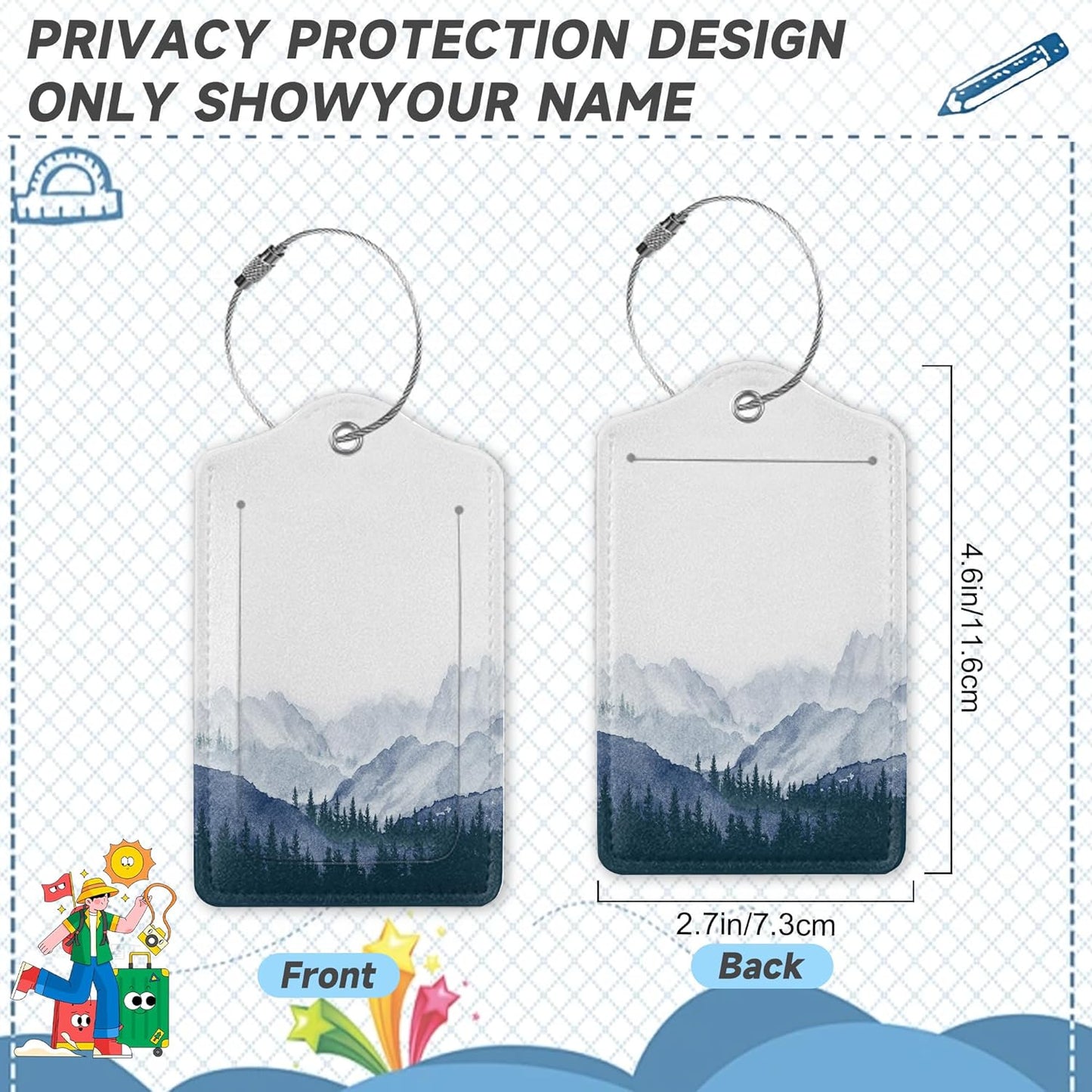 Pine Mountain ForestLuggage Tags for Suitcases,2 Pack Winter Woods Luggage Tag,Leather Stainless Steel Loop Label Tag for Women Men Girls Travel Bag Suitcase