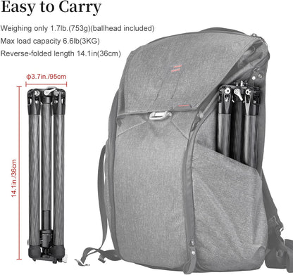 TT2340CE 4-Sections Carbon Fiber Travel Tripod for Ipad, Phone, DSLR Camera, Ideal for vlog Photography, Compact Travel Tripod Lightweight, Small and Short, with 25mm Ball Head