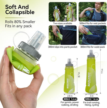 MARCHWAY Soft Hydration Flask with Wide Mouth, 300ml/500ml Collapsible TPU Water Bottle, Leakproof Portable Flexible for Running, Hiking, Cycling, Climbing, Gym, Travel (2pcs Yellow 300ml)