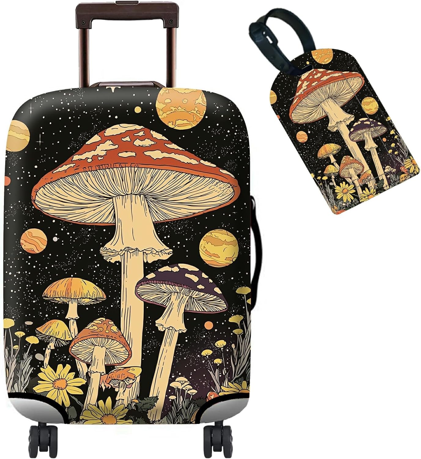 Luggage Cover + Tag, Mushrooms Travel Suitcase Protector for 18-20 inch Luggage (S) with Concealed Zipper, Washable Elastic Cloth, Dustproof, Anti-Scratch