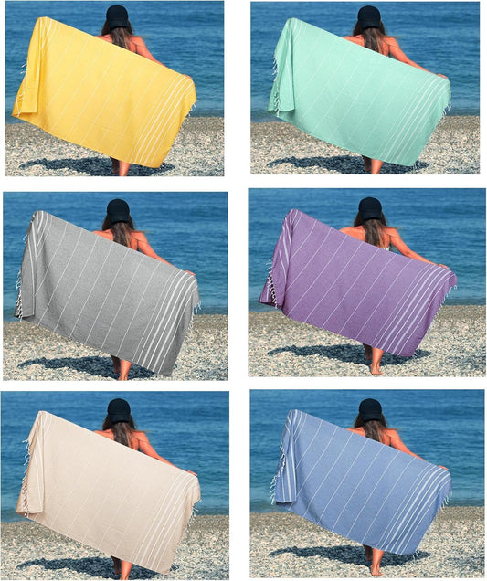 HILLFAIR Cotton Turkish Beach Towels- Lightweight Sand Free Peshtemal Hammam Towels for Bath Swim Yoga Spa- XXL Oversized Beach Towel (39 x 72 inch - 6 Pack Multicolor)