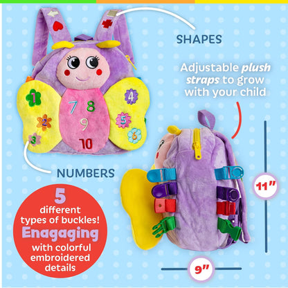 Buckle Toys Blossom Butterfly Toddler Backpack with Buckles and Toddler Learning Activities and Sensory Toys for Toddlers 1-3, Travel Essentials & Road Trip Activities for Fine Motor Skill Development