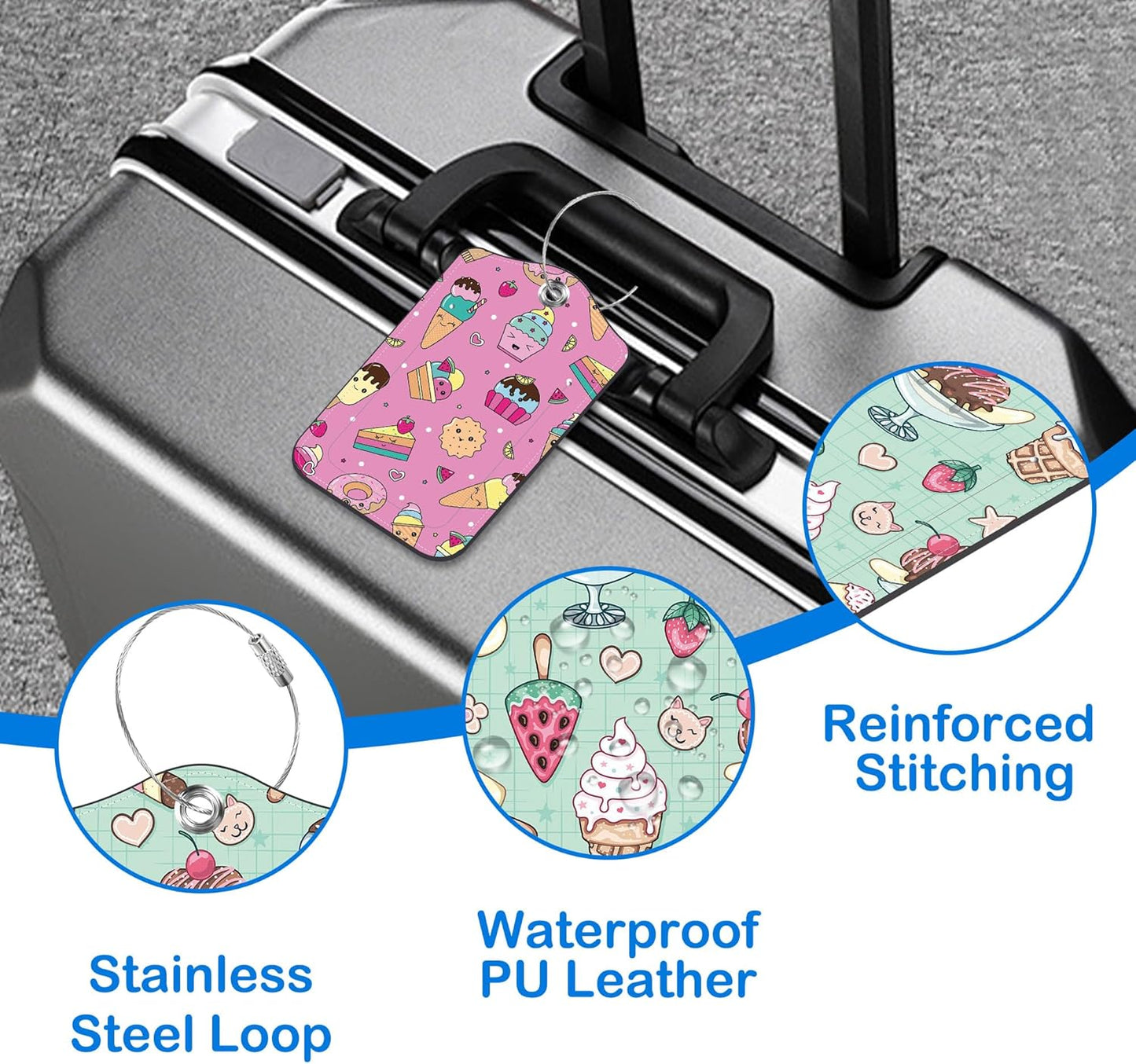 Cute Ice Cream Doole Luggage Tags for Suitcases Leather Travel Tags for Luggage ID Label with Privacy Cover and Stainless Steel Loop for Men Women Suitcase Backpack, Set of 2