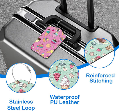 Cute Ice Cream Doole Luggage Tags for Suitcases Leather Travel Tags for Luggage ID Label with Privacy Cover and Stainless Steel Loop for Men Women Suitcase Backpack, Set of 2