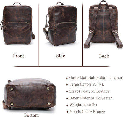 Handmade Leather Backpack for Men and Women, 15.6 Inch Laptop Bag, Genuine Leather Retro Style Casual Daypack, For Colleges & Office, Travel or Hiking- Vintage Brown