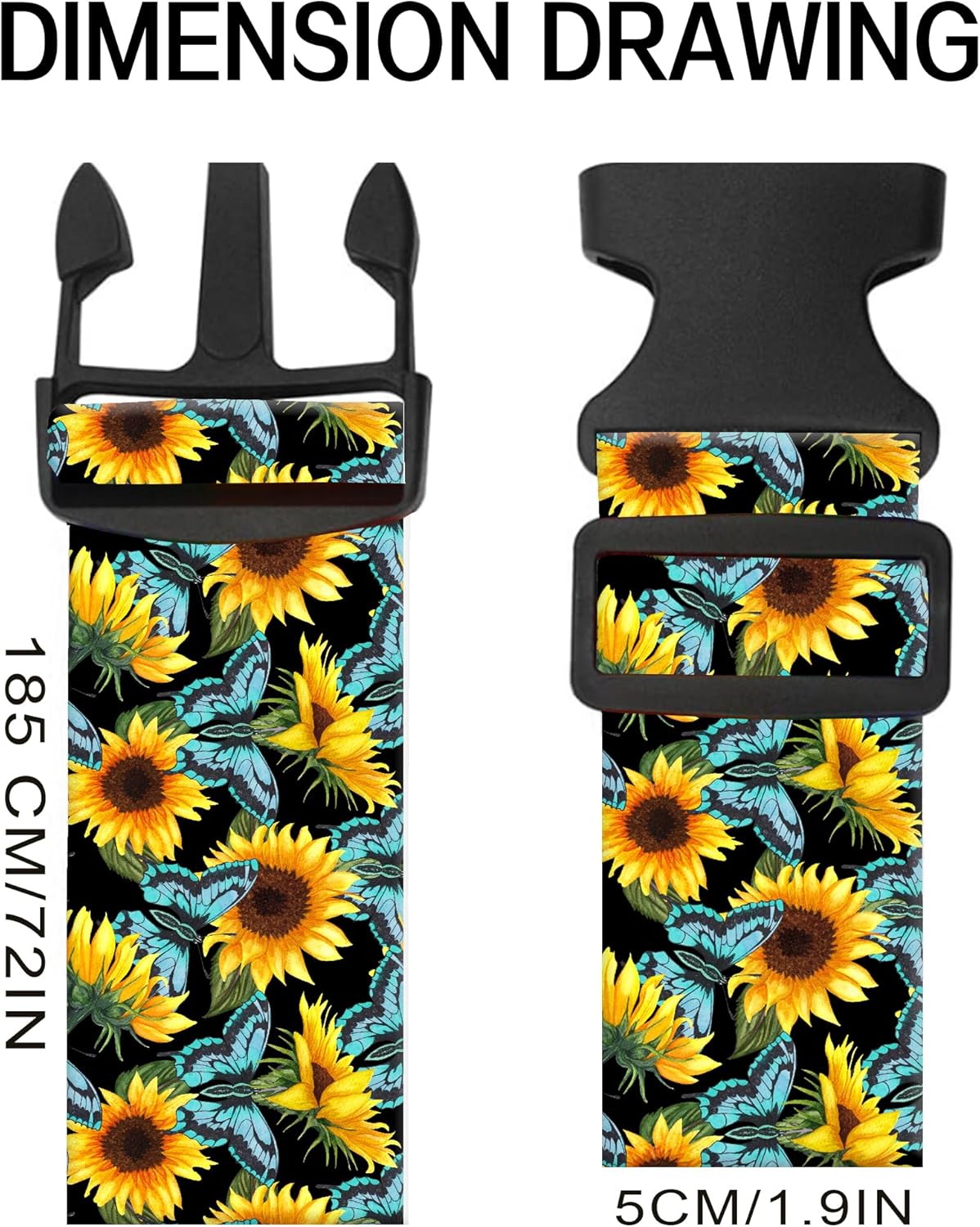 Luggage Straps for Suitcases, Adjustable Travel Belt, Durable Wide Luggage Strap, Cute Suitcase Strap Identifiers with Buckle, Bag Straps for Luggage, Cute Sunflowers Butterfly