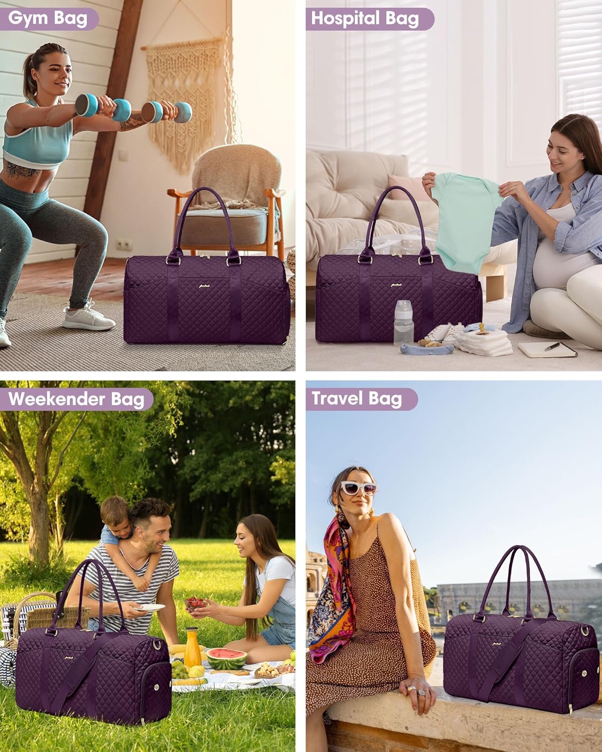 Women Duffle Weekender Travel Bag: Large Duffel Bags with Shoe Compartment Carry On Overnight Tote Bag with Wet Pocket Toiletry Bags Weekend Gym Yoga Hospital Bag for Womens Dark Purple 3Pcs Set