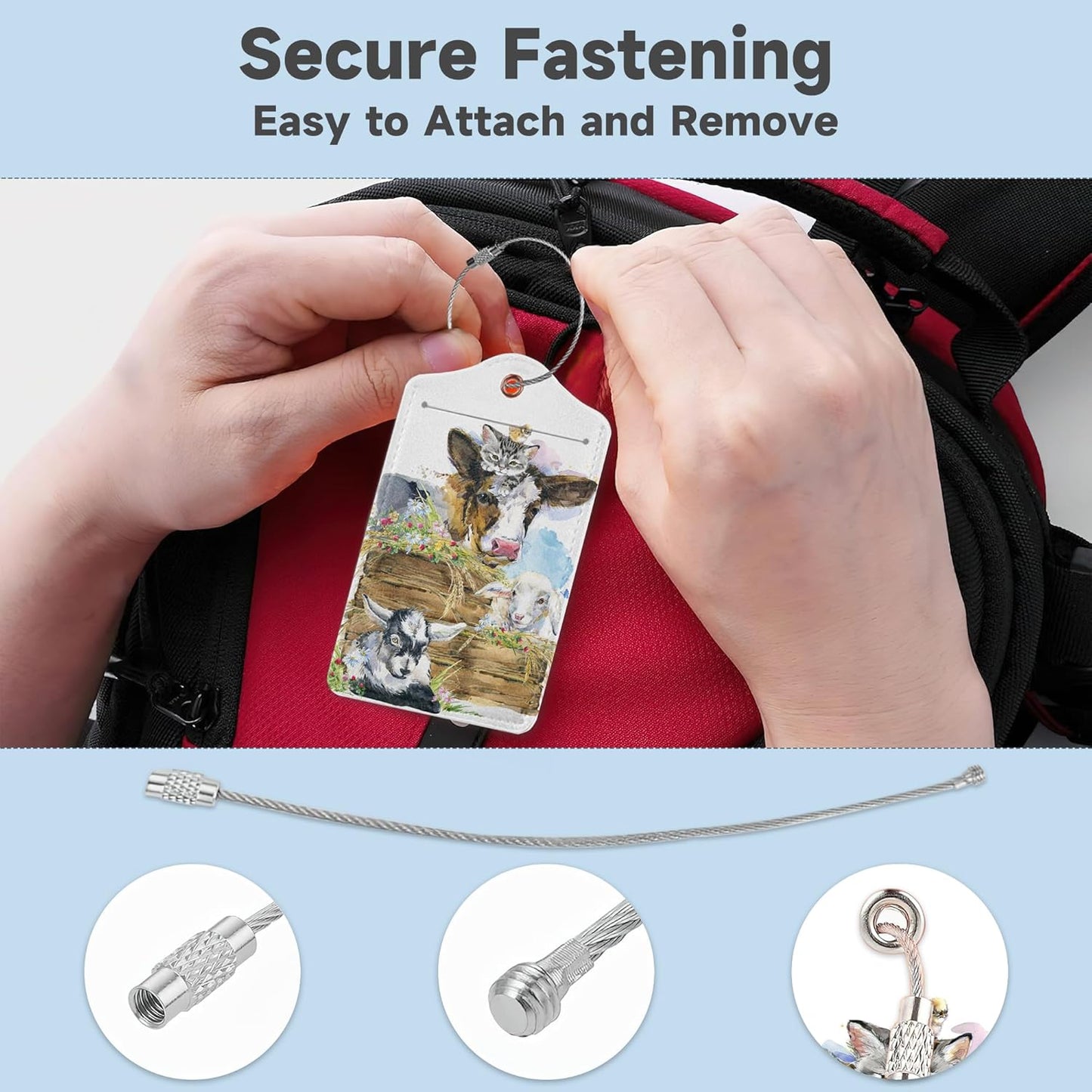 2 Pack Luggage Tags for Suitcases Cute Cow Cat Chicken Sheep Luggage Tag,Leather Stainless Steel Loop Label Tag for Men Women Travel Bag Suitcase