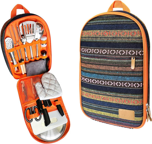 Camping Cooking Utensils Set - Camping Utensil Set Car Camping Cooking Essentials Gear for Camp Kitchen Cooking and Grilling, Stainless Steel & Silicone Ideal Gift for RV Tent Camper