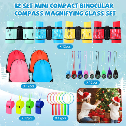 12 Set Binocular Compass Magnifying Glass Set Christmas Birthday Gift Small Telescope Binocular with Whistle Bag for Outdoor Exploring Stocking Stuffer(Mixed Color,Pine)