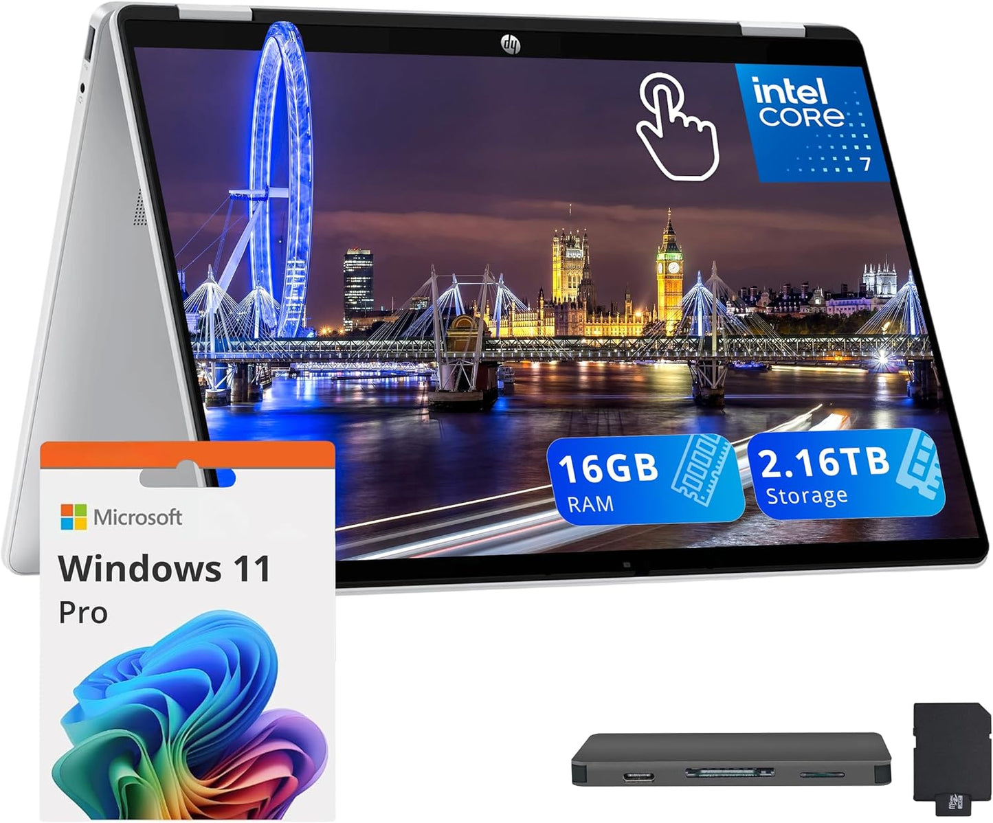 HP OmniBook 5 Flip 2-in-1 14" 2K Touchscreen Laptop, Intel 7 150U, 16GB LPDDR5, 2.16TB Storage(2TB SSD+160GB Docking Station Set), Backlit Keyboard, 5MP IR Camera, Wi-Fi 6E, Windows 11 Pro, Silver