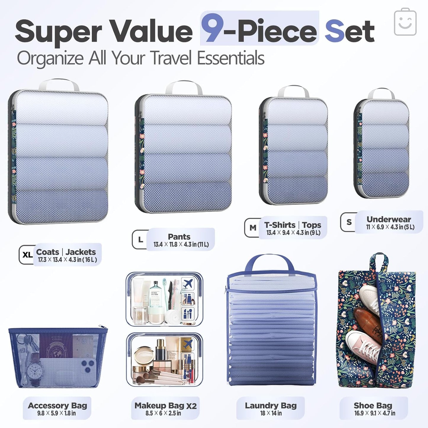 Veken 9/11 Set Compression Packing Cubes for Travel Essentials,Compressible Expandable Large Luggage Suitcase Organizer Bags for Clothing,Durable Space Saver Storage Bags(Dark Blue Floral)