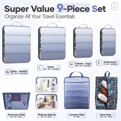 Veken 9/11 Set Compression Packing Cubes for Travel Essentials,Compressible Expandable Large Luggage Suitcase Organizer Bags for Clothing,Durable Space Saver Storage Bags(Dark Blue Floral)