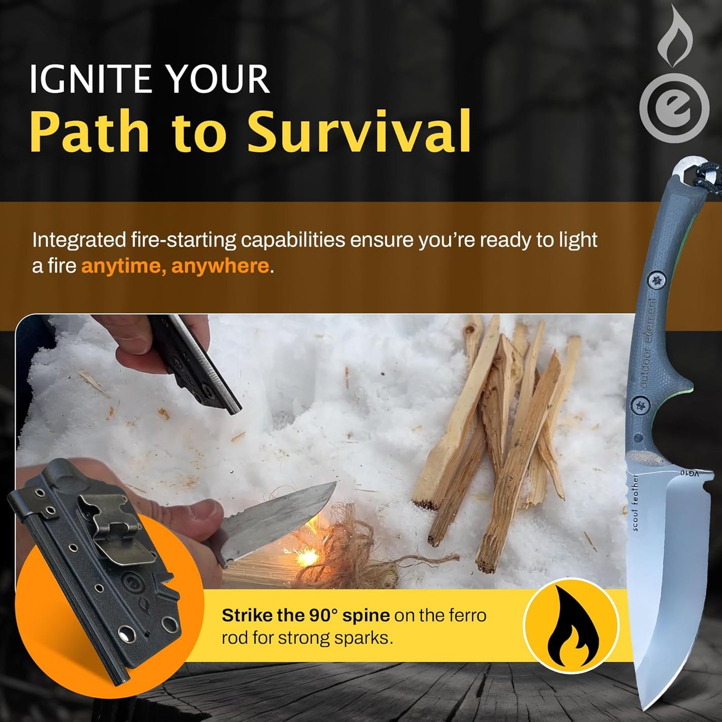 Scout Feather Glow - Fixed Blade Survival Knife with built-in Firestarter for Camping, Hunting, Outdoor Adventure and Culinary Need - VG10 Blade, Whistle, Knife Sharpener, Compact Sheath & G10 Handle