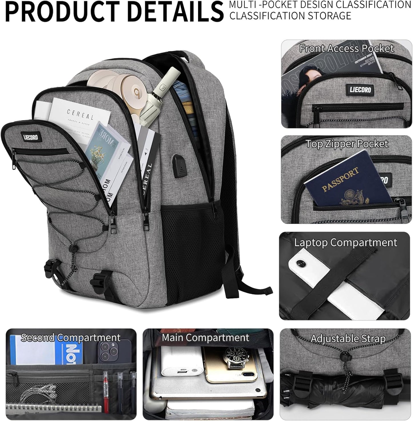 Grey Backpack for Men Women, Backpack for School, School Backpacks for Boys Girls Teens, 15.6 inch Laptop Back Pack with USB Charging Port, Large College Book Bag, Business Work Travel Bookbag