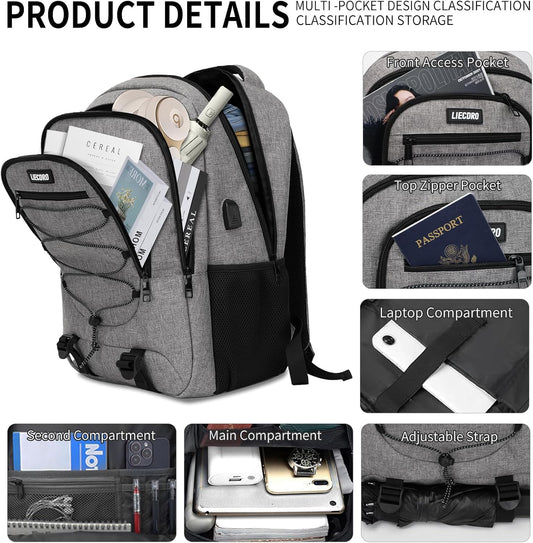 Grey Backpack for Men Women, Backpack for School, School Backpacks for Boys Girls Teens, 15.6 inch Laptop Back Pack with USB Charging Port, Large College Book Bag, Business Work Travel Bookbag