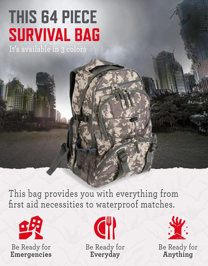 ReadyWise Emergency Survival Gear – Tactical Military Backpack, Camping Essentials Bug Out Bag & Survival Kit, Prepper & Hurricane Supplies, Meal Pouches with up to 25 Year Shelf Life, 64 Piece