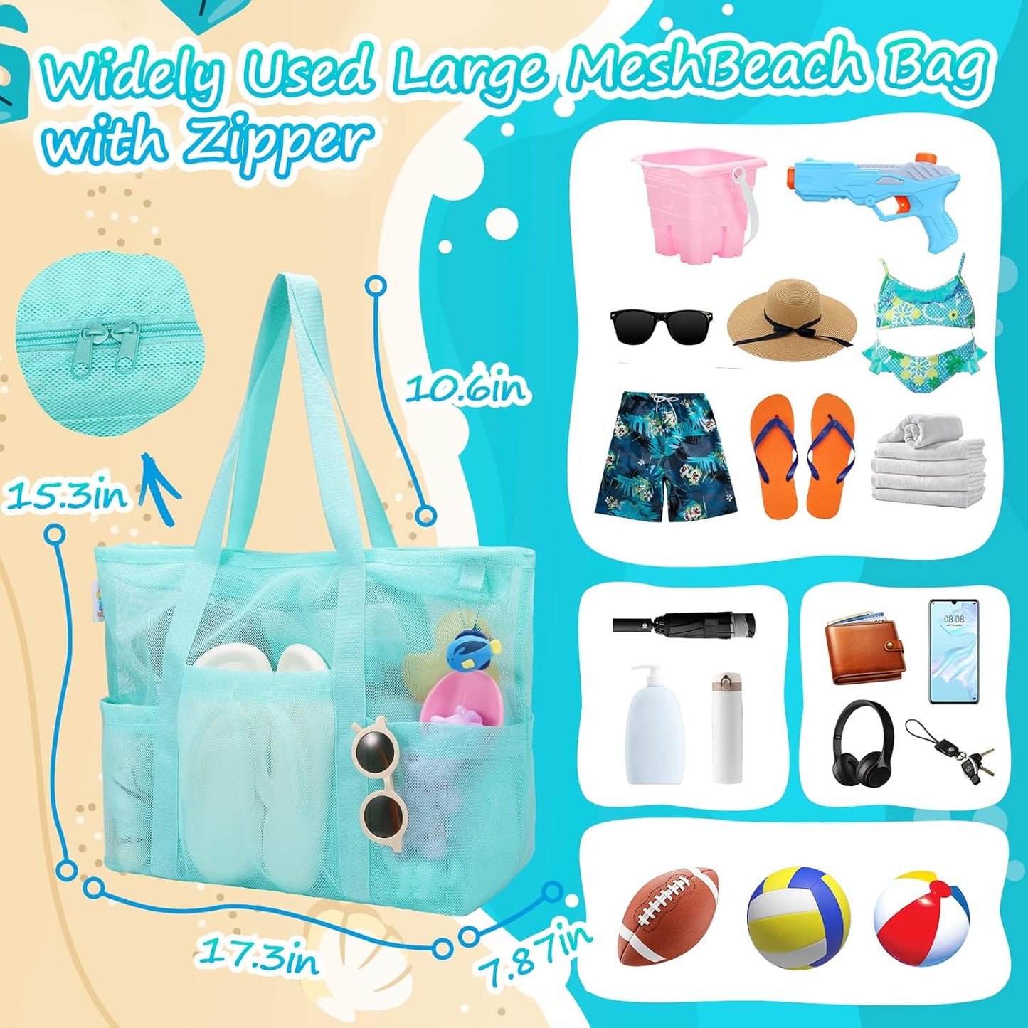 Tagitary Mesh Beach Bag with Zipper Large Beach Tote Waterproof Sandproof with 8 Pockets for Toys Pool Bag Beach Accessories
