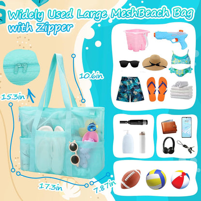 Tagitary Mesh Beach Bag with Zipper Large Beach Tote Waterproof Sandproof with 8 Pockets for Toys Pool Bag Beach Accessories