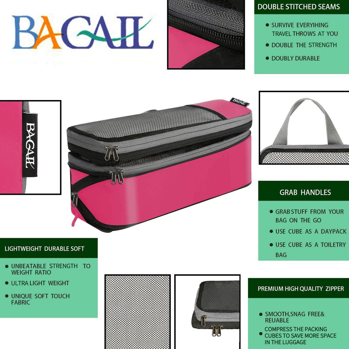 BAGAIL 4 Set/6 Set/8 Set Compression Packing Cubes Travel Accessories Expandable Packing Organizers (Half Mesh, 6-Fuchsia)