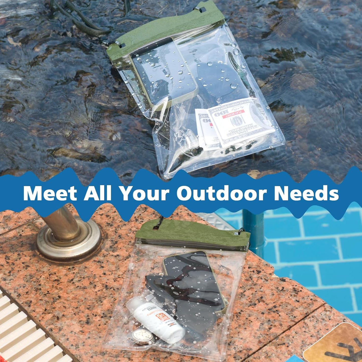 Large Watperproof Pouch 2 Pack [Up to 11.3"], IPX8 Waterproof Cell Phone Case Dry Bag Pouch Compatible with iPhone 14 13 12 Pro Max, Galaxy S23 Ultra S22 or iPad mini, Black+Army Green