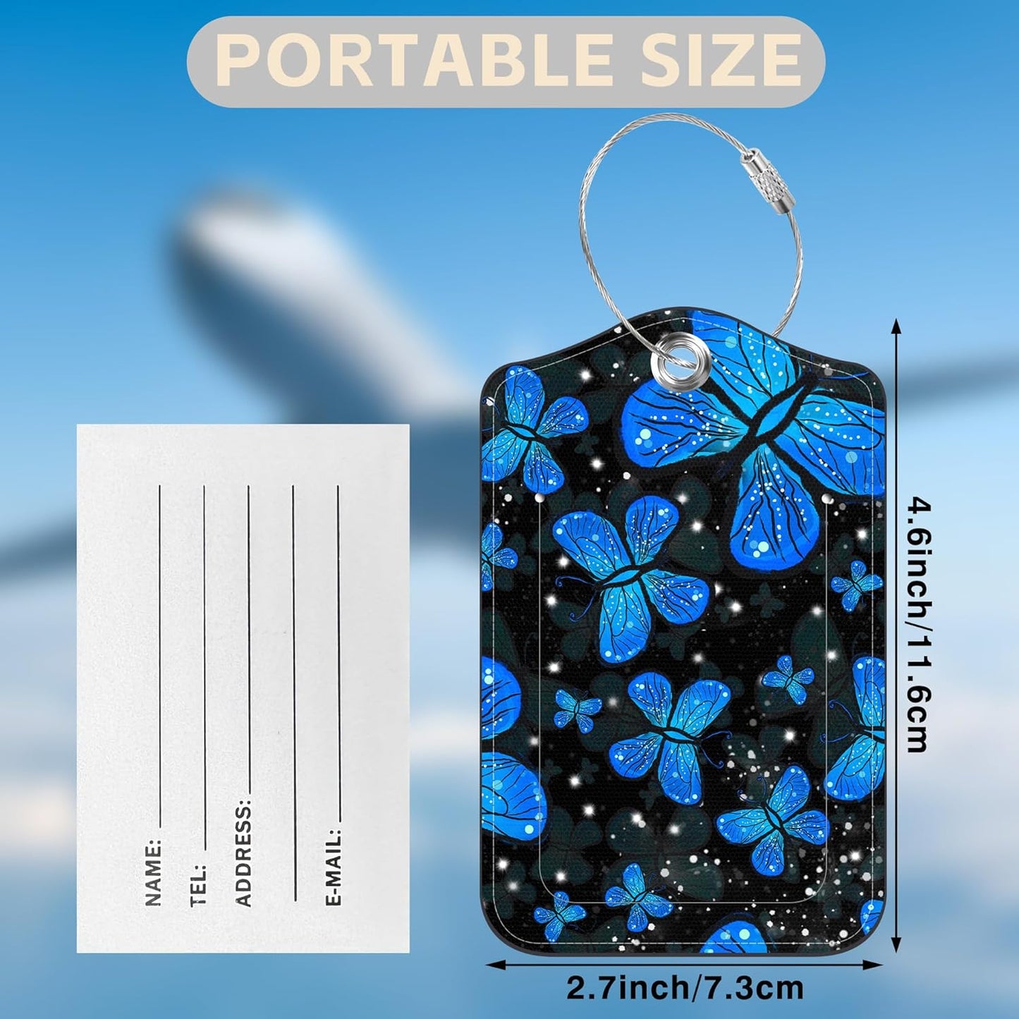 2 Pack Luggage Tags for Suitcases Blue Butterfly Leather Luggage Tags Privacy Cover ID Label with Stainless Steel Loop and Address Card for Women Men Travel Bag Backpack