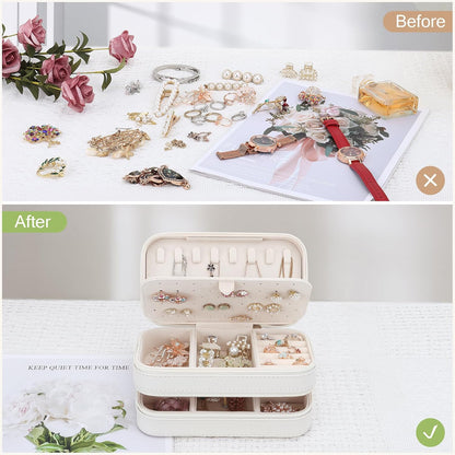 DesignSter Small Travel Jewelry Box with Double Zipper, 2 Layers PU Portable Jewelry Case for Women and Girls,Travel Jewelry Organizer for Rings, Earrings, Necklaces, Bracelets,Beige
