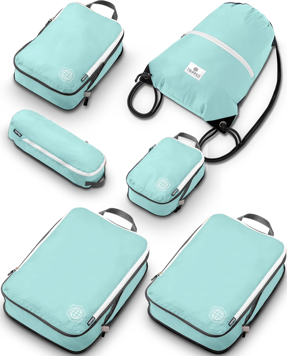 Large Compression Packing Cubes 6 Piece Set for Travel with Lightweight Laundry Bag/Drawstring Backpack for Carry-On Suitcase (Teal/White)