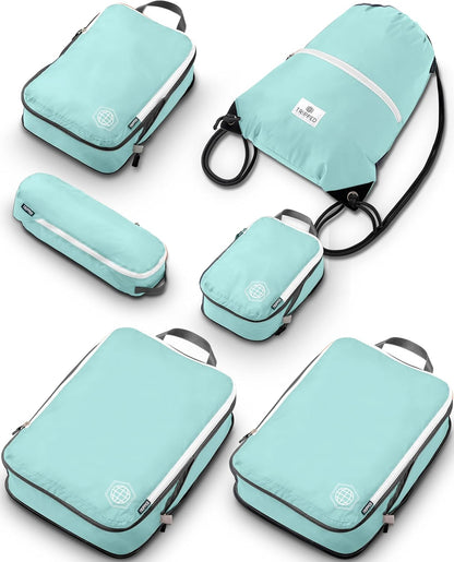 Large Compression Packing Cubes 6 Piece Set for Travel with Lightweight Laundry Bag/Drawstring Backpack for Carry-On Suitcase (Teal/White)