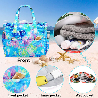 Waterproof Beach Tote Pool Bags for Women Ladies Extra Large Gym Tote Carry On Bag With Wet Compartment for Weekender Travel