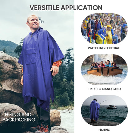 PTEROMY Hooded Rain Poncho for Adult with Pocket, Waterproof Lightweight Unisex Raincoat for Hiking Camping Emergency