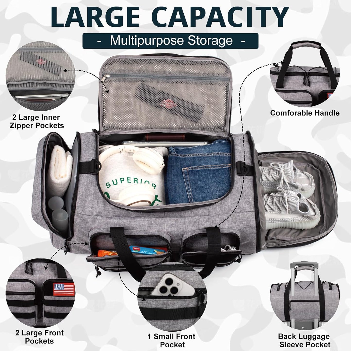 Tactical Gym Bag for Men，50L Large 3 in 1 Sports Duffle Bag with Shoes Compartment for Travel,Water Resistant Travel Backpack Weekender Overnight Bag with Wet Pocket for Women