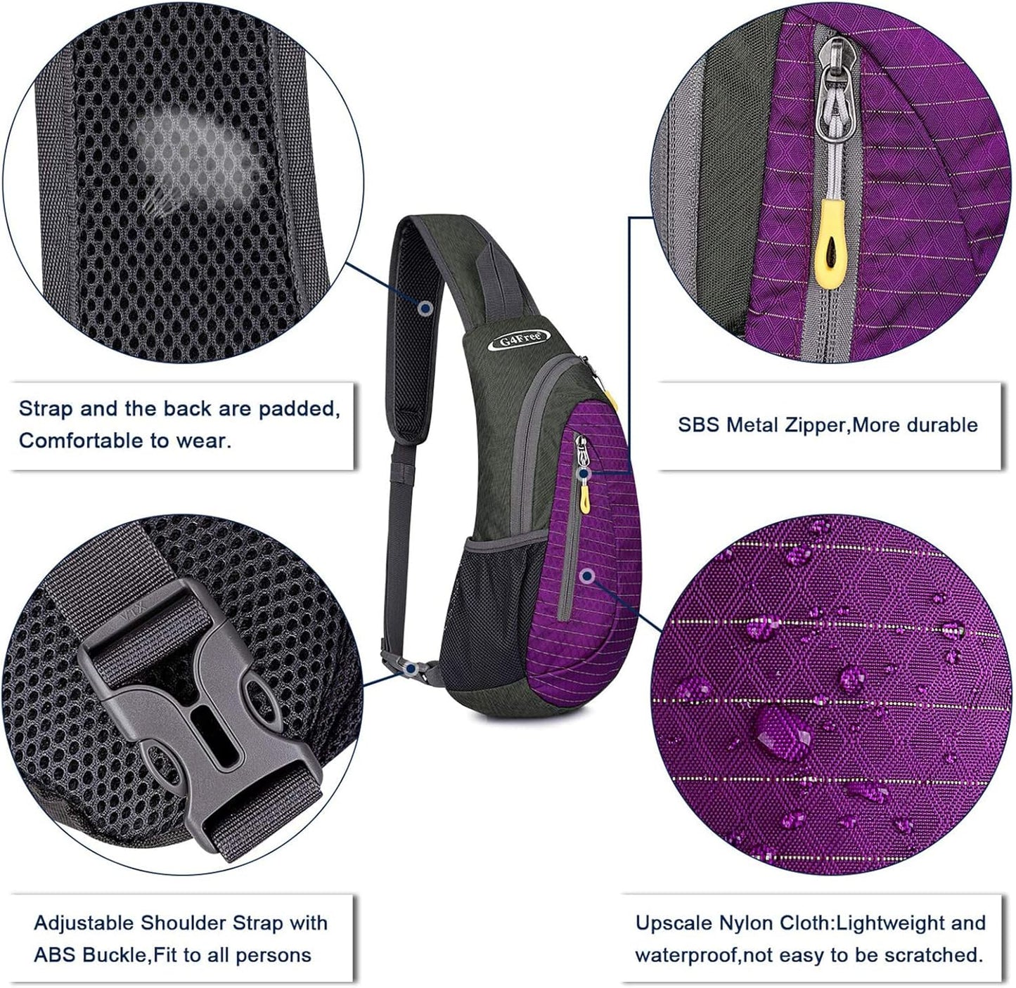 G4Free Sling Bag for Men Women, Small Crossbody Backpack Lightweight Chest Shoulder Bags for Travel, Outdoor and Sports (Purple)