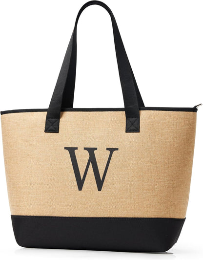 KALIDI Woven Tote Bag for Women, Lightweigh Monogram Beach Bag with Zipper & Sand-Proof Canvas Base, Personalized Gift
