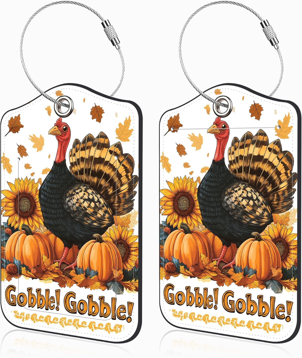 2 Pack Autumn Turkey and Pumpkin Luggage Tags for Suitcases Sunflower Leather Luggage Tags Privacy Cover ID Label with Stainless Steel Loop and Address Card for Women Men Travel Bag Backpack