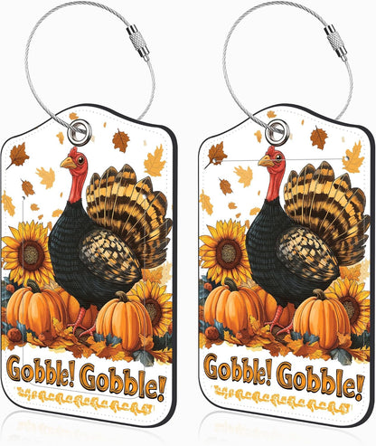 2 Pack Autumn Turkey and Pumpkin Luggage Tags for Suitcases Sunflower Leather Luggage Tags Privacy Cover ID Label with Stainless Steel Loop and Address Card for Women Men Travel Bag Backpack