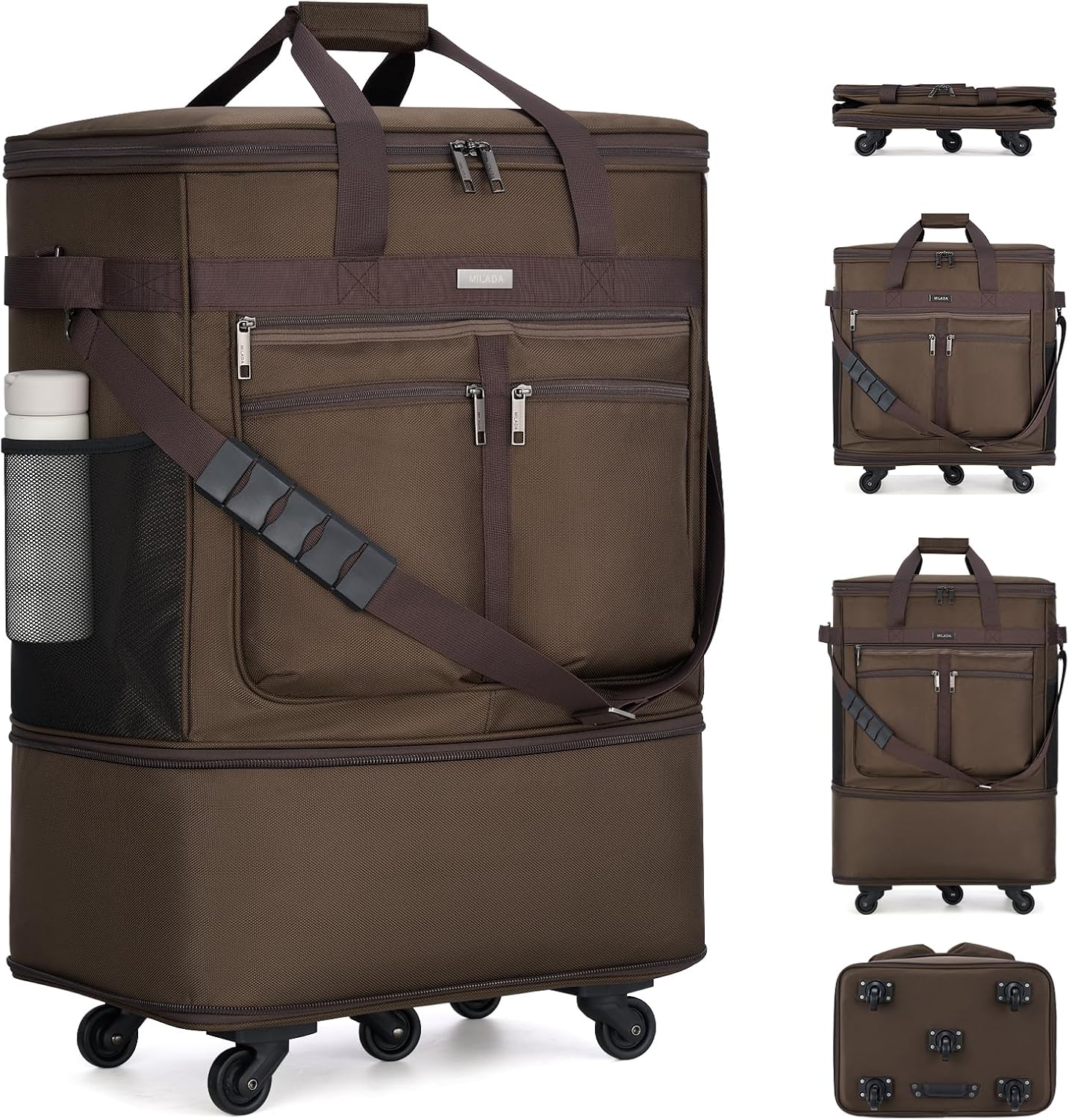 MILADA Expandable Luggage Bags for Travel Foldable Suitcase with Wheels Collapsible Rolling Travel Duffle Bag Lightweight Large Suitcases without Telescoping Handle, Coffee