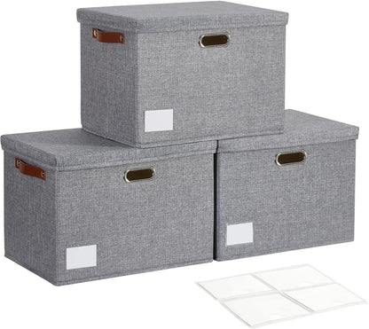 17" Large Collapsible Storage Bins with Lids, Stackable Closet Organizers with PU Handle and Labels, 3-Pack Decorative Fabric Storage Boxes for Home, Bedroom, Closet, Office, Nursery(Gray)