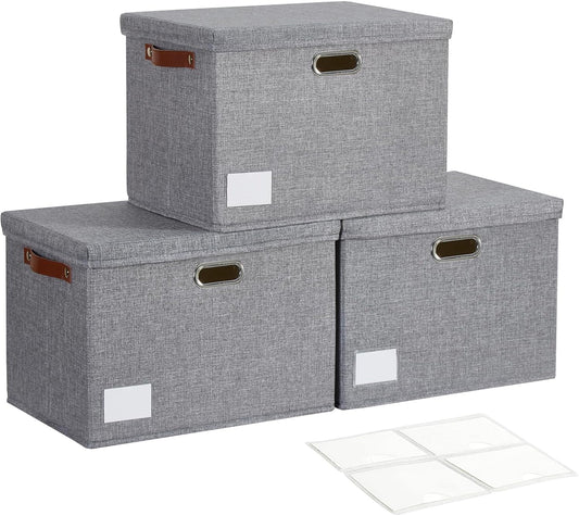 17" Large Collapsible Storage Bins with Lids, Stackable Closet Organizers with PU Handle and Labels, 3-Pack Decorative Fabric Storage Boxes for Home, Bedroom, Closet, Office, Nursery(Gray)