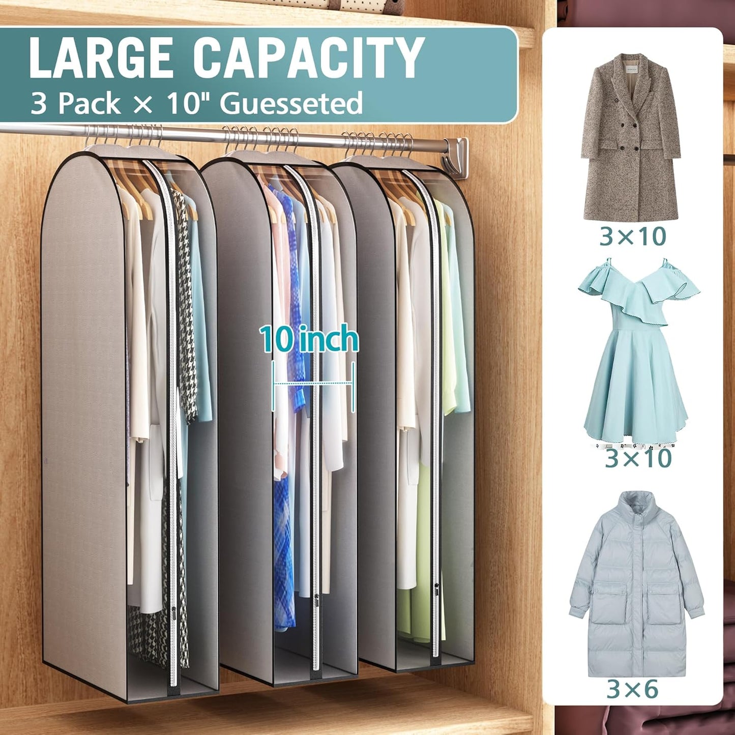 10" Gusseted Garment Bags for Hanging Clothes 50" Suit Bags for Open Closet Storage, Side Clear Clothing Cover for Coat, Dress, Jacket, Shirt, Fur Wardrobe Protector, 3 Packs, Grey