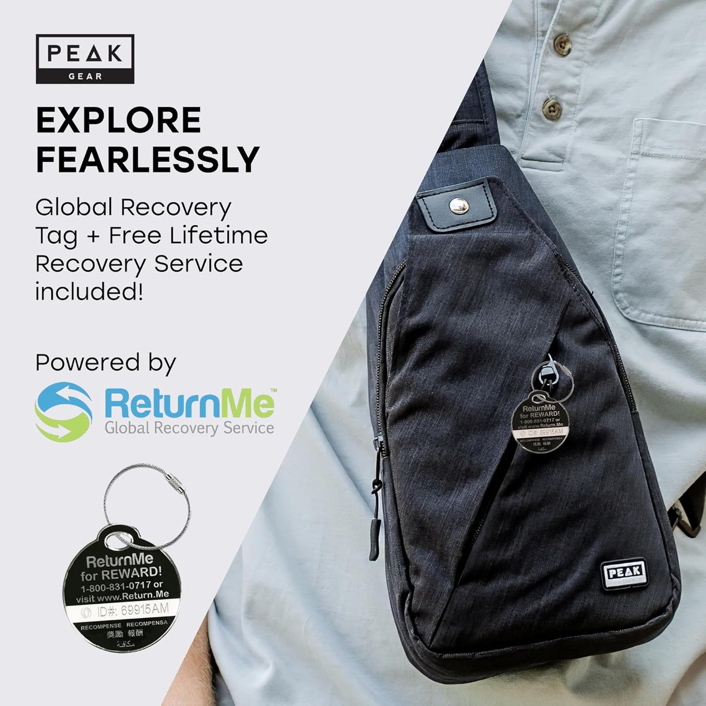 Peak Gear Travel Sling Bag. Compact Crossbody Bag | Lighter and Smaller than a Backpack | Lifetime Lost & Found ID Tag