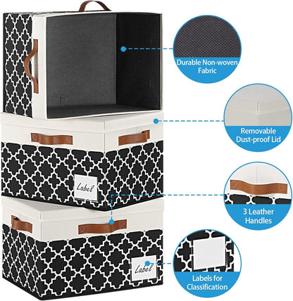 GhvyenntteS Extra Large Storage Bins with Lids, Foldable Fabric Storage Boxes with Lids and 3 Handles, Storage Baskets with Label Window (3 Pack, White&Lattice Black, 15.75x11.8x10.2)