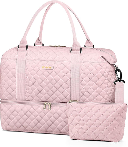 HOTOR Travel Duffel Bag - Weekender Bags for Women, Carry On Overnight Bag with Shoe Compartment, with Toiletry Bag for Travel Essentials and Travel Accessories, Pink, 13.4"×17.3"×7.9"