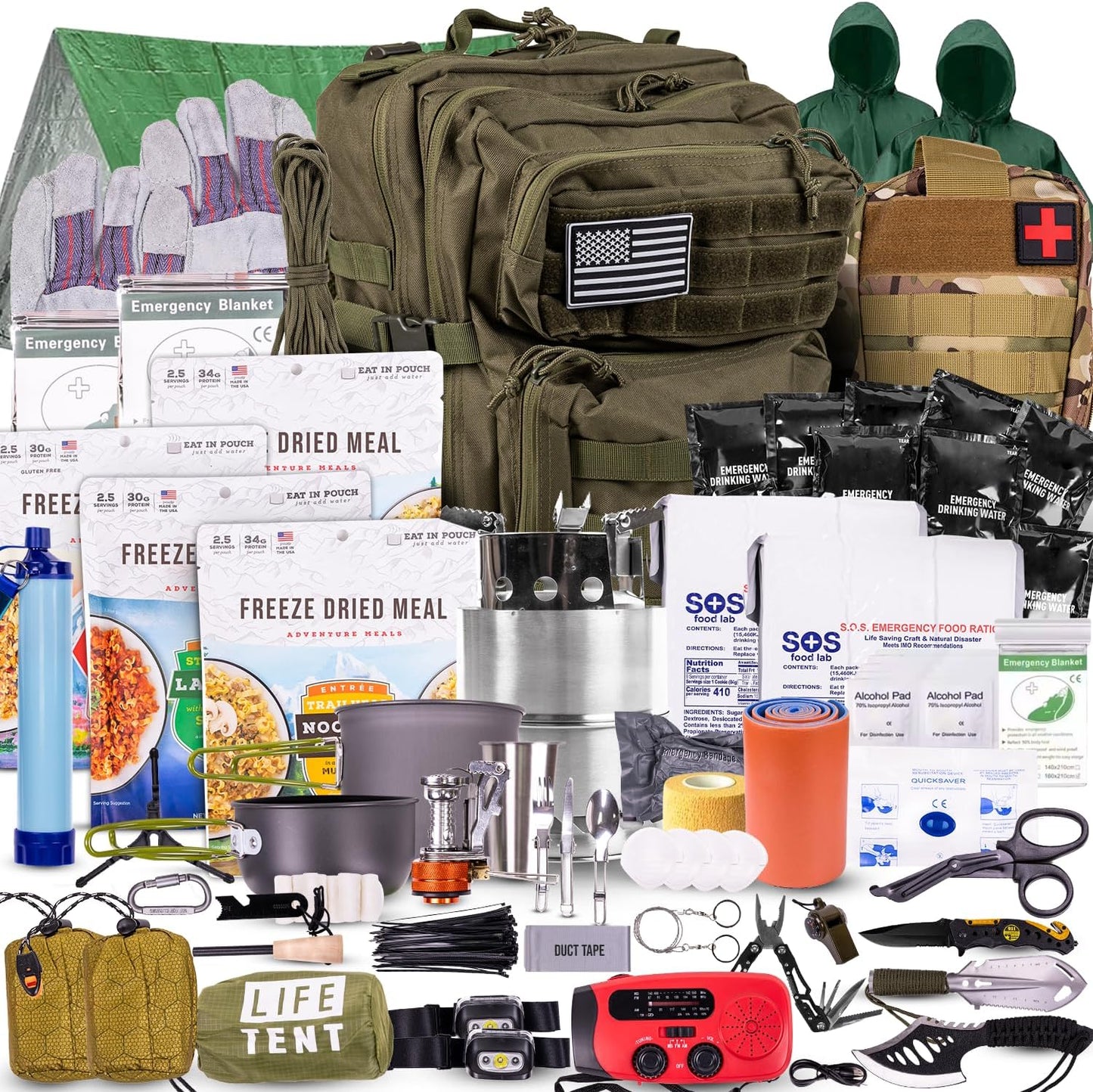 72-Hour Survival Kit | Emergency Bug Out Bag with First Aid, Water Filter, Food, Tools | 45L Tactical Backpack for Camping, Hiking, Outdoor Emergency Preparedness